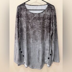 Women's Scoop Neck Ombré Blouse Sz XL Black Gray White Print Shirt Long Sleeves